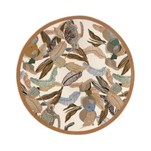 DORI Outdoor Rug 160 cm round – Vintelio, featuring a vibrant tropical design with abstract leaves, fish, and turtle motifs in earthy tones of beige, green, blue, and brown, perfect for adding a stylish and nature-inspired accent to outdoor or indoor spaces.
